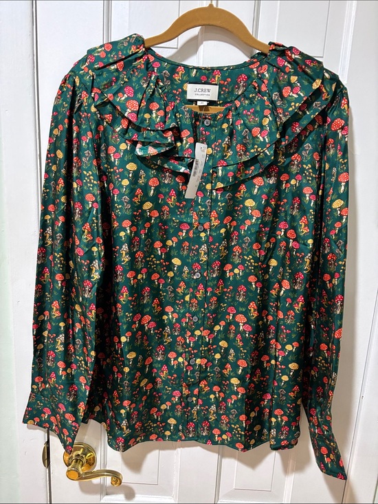 J. Crew Tops - J. Crew Forest Green Floral Ruffle-Trim Blouse